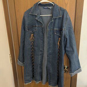 Indulgence Jeans Open Front Lace Up Distressed Hem Denim Jacket Cowgirl Chic XL